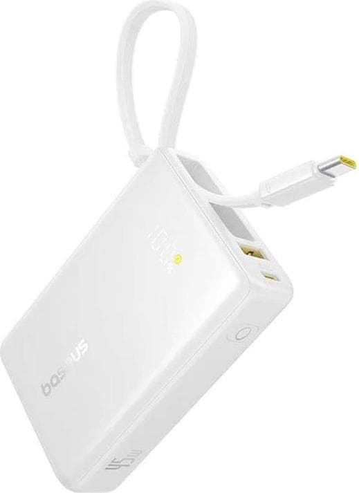 Външна батерия 10000 mAh с вграден USB-C кабел и 1xUSB-C, 1xUSB-A портове - Baseus PicoGo Digital Display Power Bank With USB-C Cable 45W 10000mAh (бял)