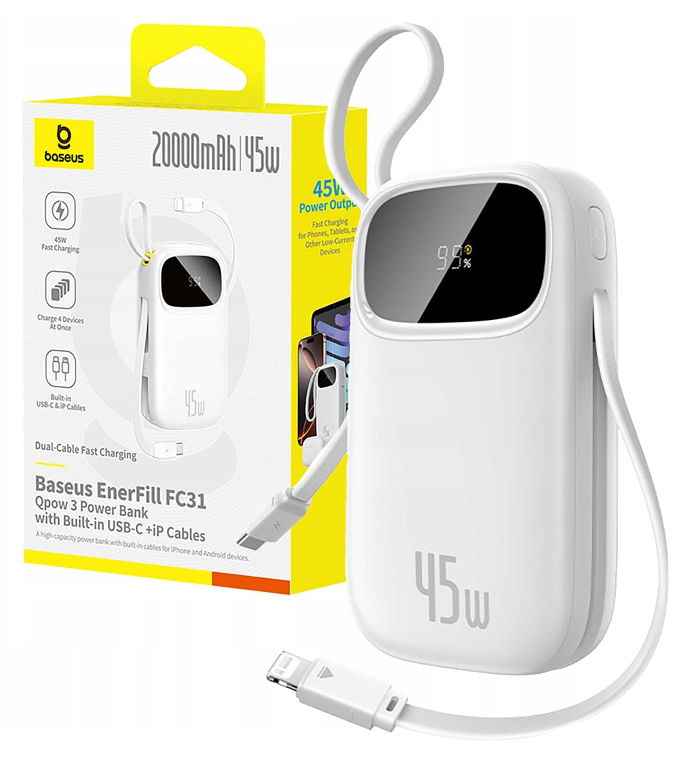 Външна батерия с вграден USB-C и Lightning кабел и USB-C, USB-А портове - Baseus EnerFill FC31 Qpow2 Power Bank With USB-C and Lightning cable 45W 20000 mAh (бял)