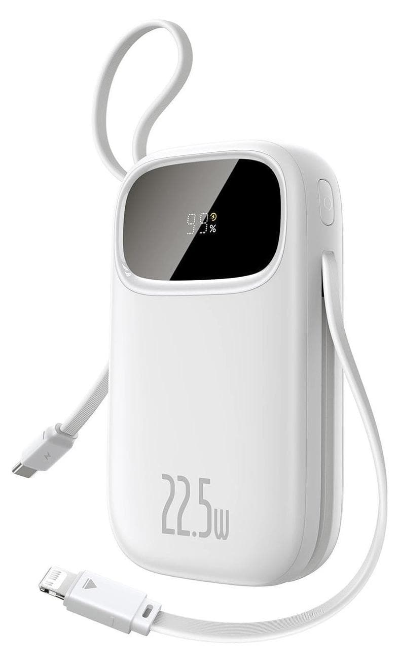 Външна батерия с вграден USB-C и Lightning кабел и USB-C, USB-А портове - Baseus Qpow3 Digital Display Power Bank With USB-C And Lightning cable 22.5W 20000mAh (бял)