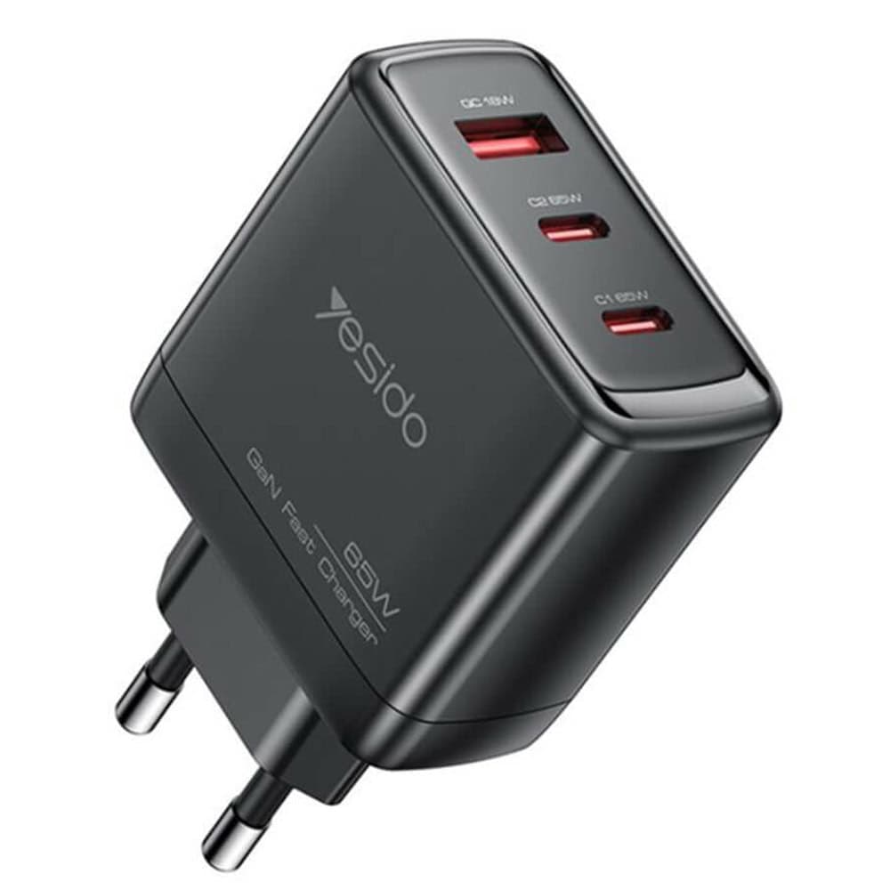 Захранване за ел. мрежа за лаптопи, смартфони и таблети с USB-A и 2xUSB-C изходи с технология за бързо зареждане - Yesido YC144 GaN Fast Wall Charger 65W (черен)