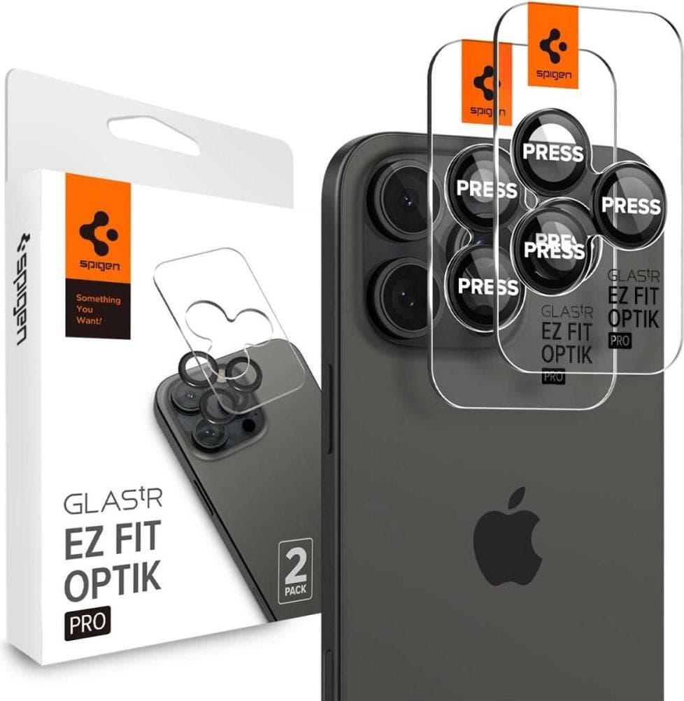 2 комплекта предпазни стъклени лещи за камерата на iPhone 17 Pro, iPhone 17 Pro Max, iPhone 16 Pro, iPhone 16 Pro Max, iPhone 15 Pro, iPhone 15 Pro Max, iPhone 14 Pro, iPhone 14 Pro Max - Spigen Optik Pro tR Ez Fit Lens Protector (черен)