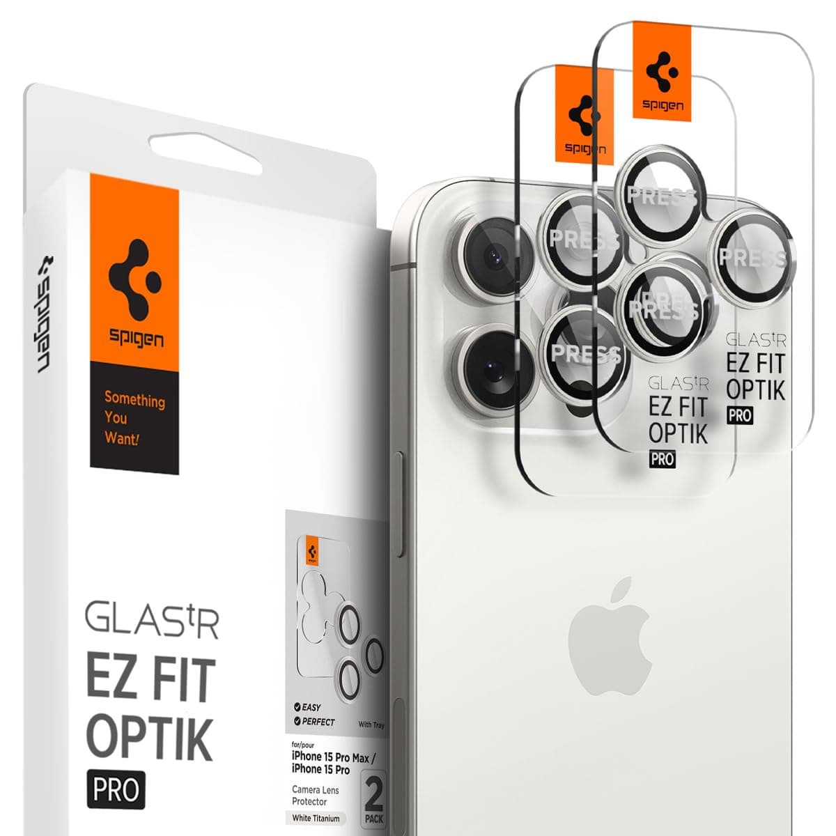 2 комплекта предпазни стъклени лещи за камерата на iPhone 17 Pro, iPhone 17 Pro Max, iPhone 16 Pro, iPhone 16 Pro Max, iPhone 15 Pro, iPhone 15 Pro Max - Spigen Glass tR EZ Fit Optik Pro Lens Protector 2 Pack (бял)
