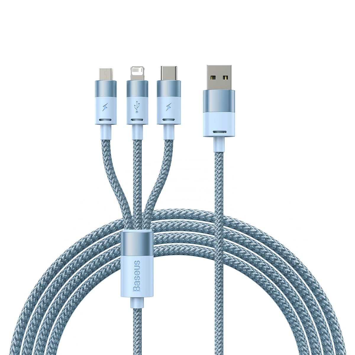 Кабел Baseus, от USB A (м) към 1x USB C (м), 1x Lightning (м), 1x MicroUSB B (м), 1.2m, 20W, син