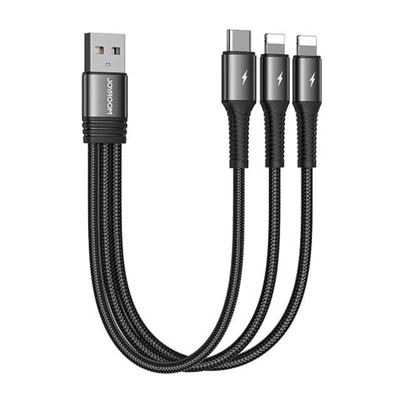 Универсален USB-A кабел с 2xLightning и USB-C конектори (15 см) - Joyroom 3-in-1 Fast Charging Cable 3.5A (черен)