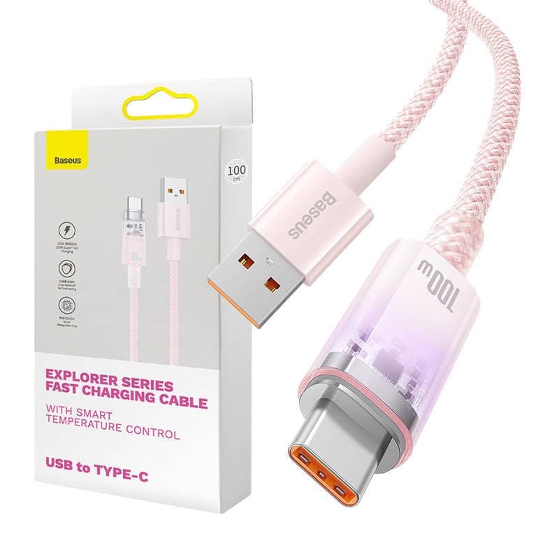 Кабел Baseus Explorer CATS010404, от USB A(м) към USB C(м), 1m, 100W, розов