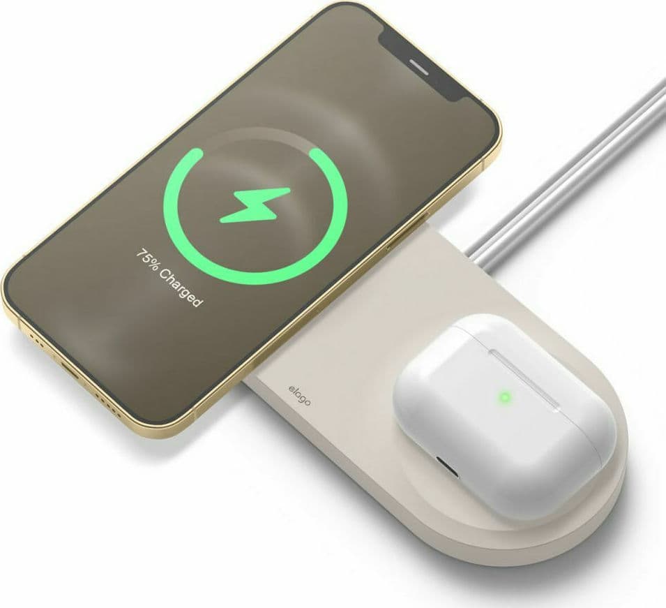 Двойна силиконова поставка за безжично зареждане на iPhone чрез поставяне на Apple MagSafe Charger - Elago MagSafe Charging Hub Duo (бежов)