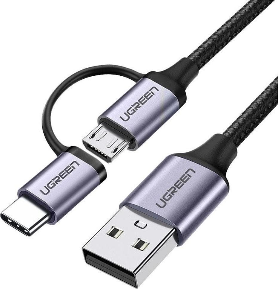 Кабел Ugreen 30875, от USB-A(м) към USB-Micro B(м)/USB-C(м), 1m, черен