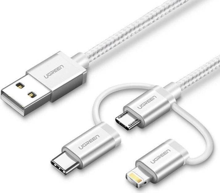Кабел Ugreen 50203, от USB A(м) към USB Micro B(м)/USB C(м)/Lightning(м), 1m, бял