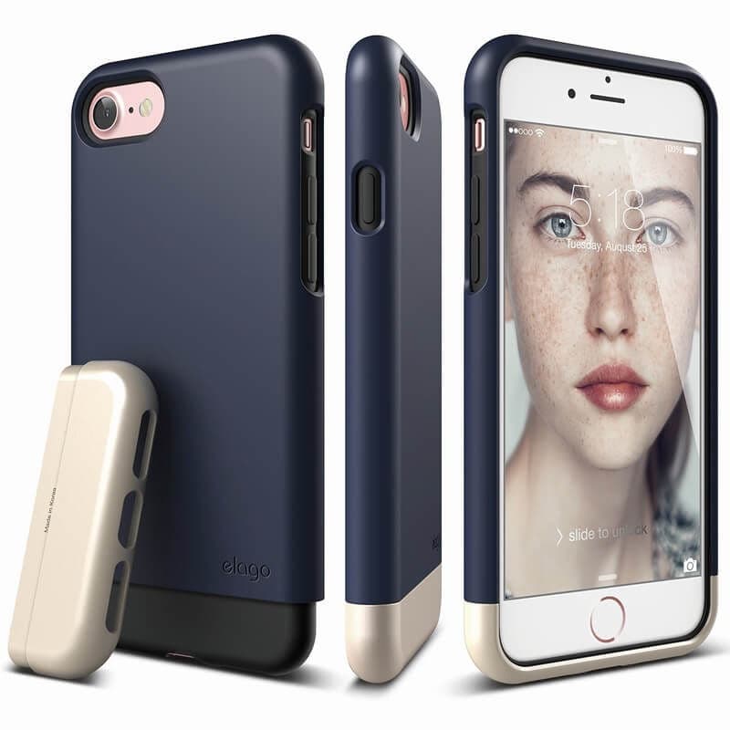 Поликарбонатов кейс и HD покритие за iPhone SE (2022), iPhone SE (2020), iPhone 8, iPhone 7 - Elago S7 Glide Case + HD Clear Film (тъмносин-златист)