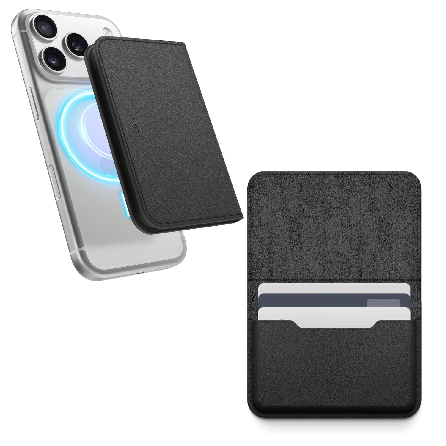 Кожен портфейл (джоб) с вградена поставка за прикрепяне към iPhone с MagSafe - Elago Vegan-Leather Magnetic Card Holder (черен)