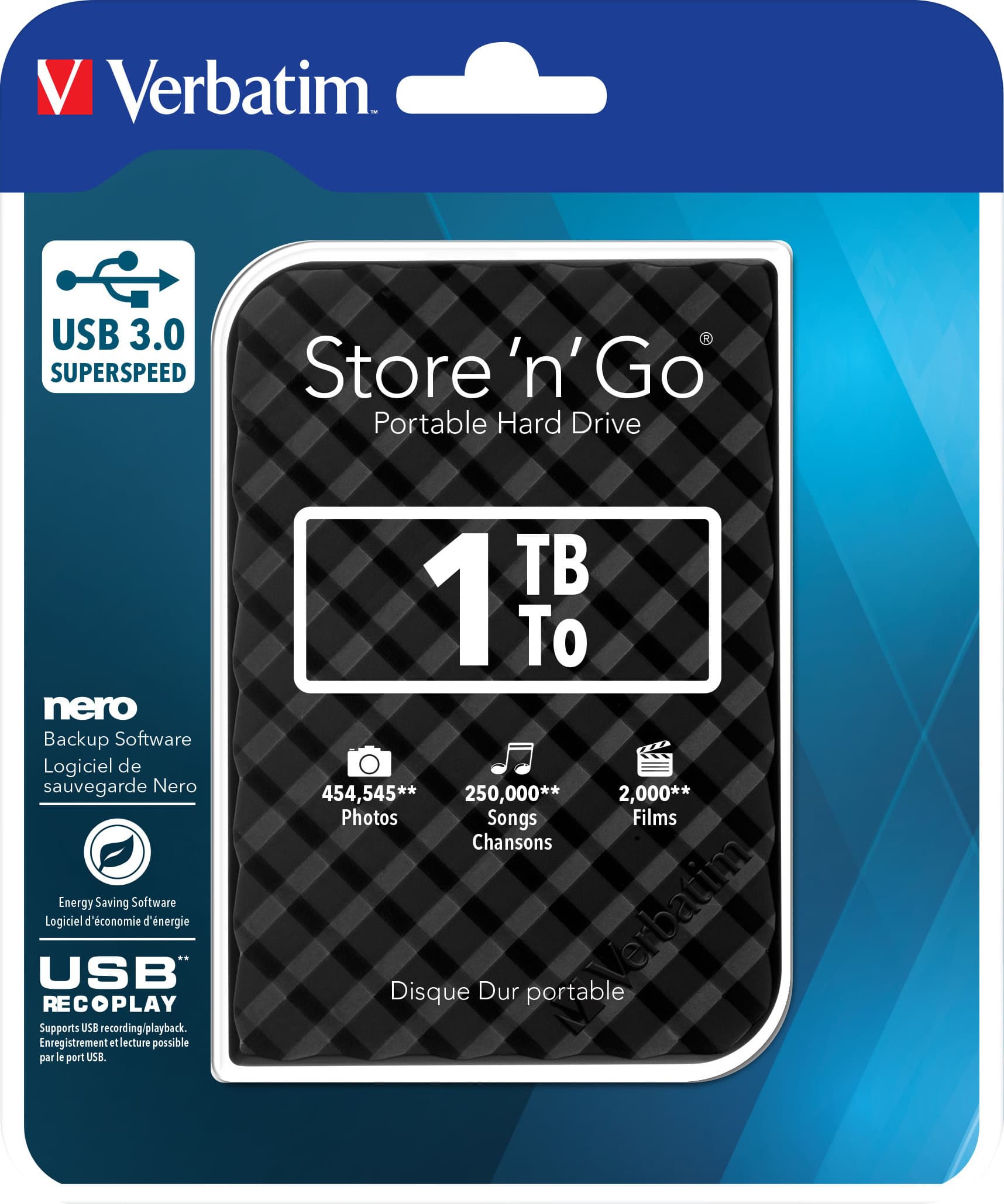 Преносим външен хард диск с USB 3.0 - Verbatim External HDD 1TB 2.5 USB 3.0 Slim (черен)