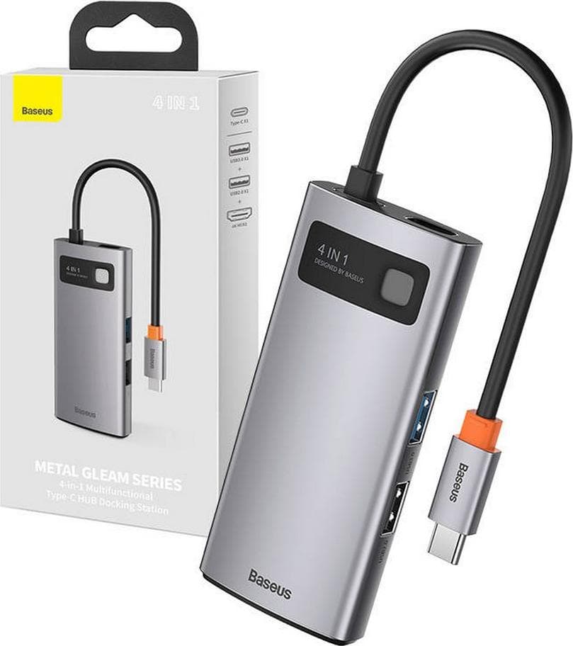 Докинг станция Baseus Metal Gleam Series 4-in-1, от USB C към 1x USB C, 2x USB A, 1x HDMI, сива