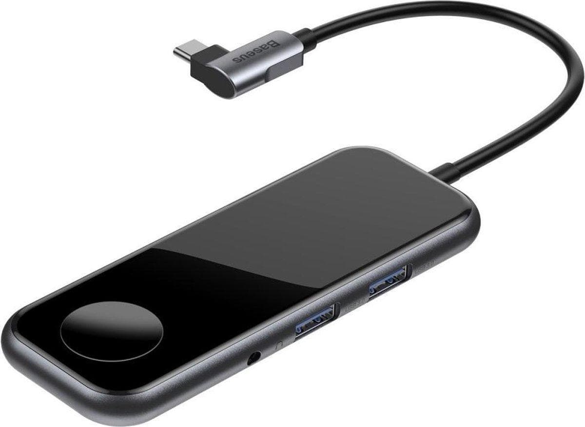 Докинг станция Baseus Mirror Series, от USB C към 2x USB A, 1x HDMI, 1x AUX, зарядно за Apple Watch, сива