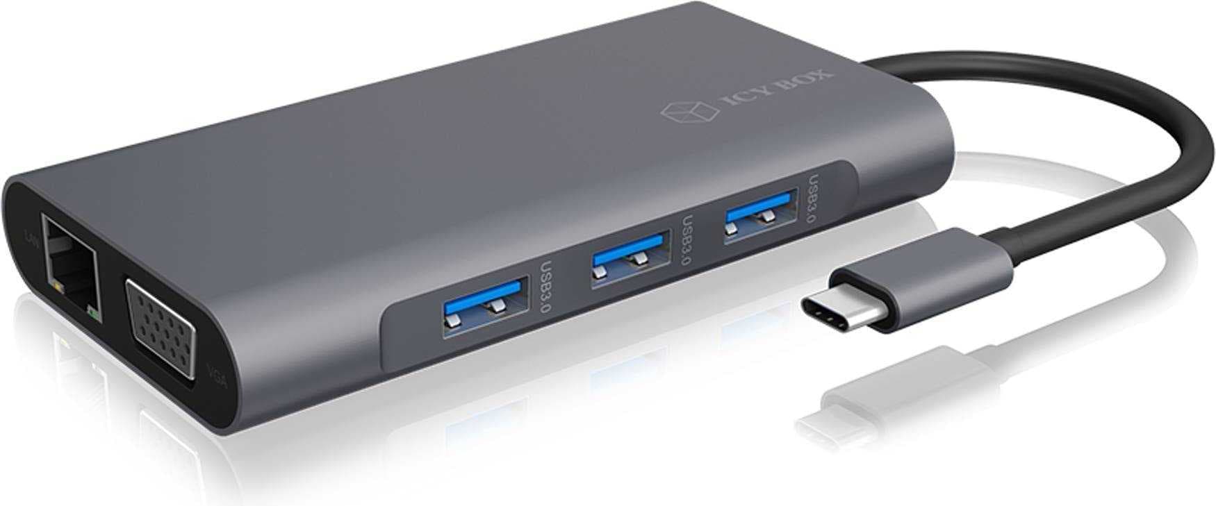 Докинг станция Raidsonic IB-DK4040-CPD, от USB C към 1x USB C(PD), 3x USB A, 1x HDMI, 1x VGA, 1x RJ45, 1x SD/Micro SD четец на карти, 1x AUX, черен
