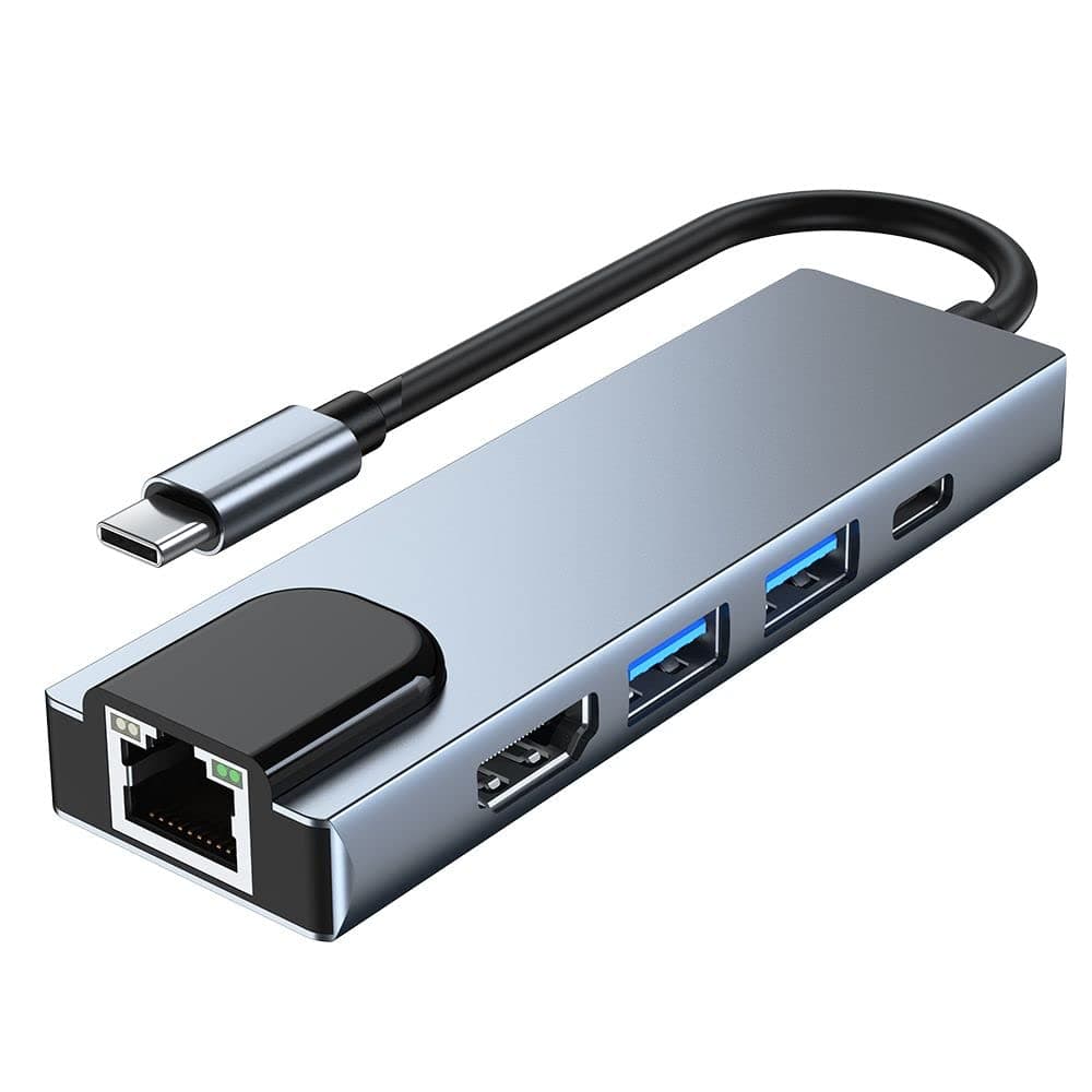 Докинг станция Хъб Tech-Protect USB-C Hub 5in1 v3, от USB C към 1x USB C, 2x USB A, 1x HDMI, 1x RJ45, сив
