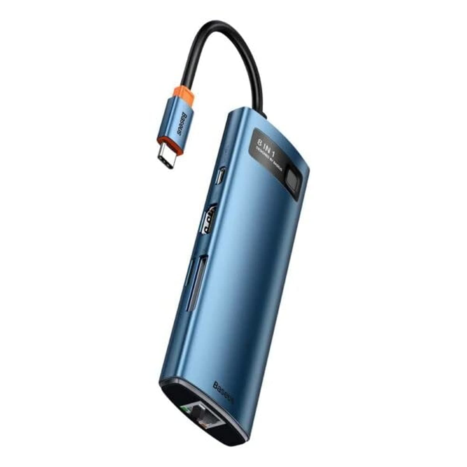 Докинг станция Baseus USB-C Metal Gleam Series 8-in-1 Hub, от USB C към 1x USB C, 3x USB A, 1x HDMI, 1x RJ45, 1x SD/MicroSD четец на карти, сива