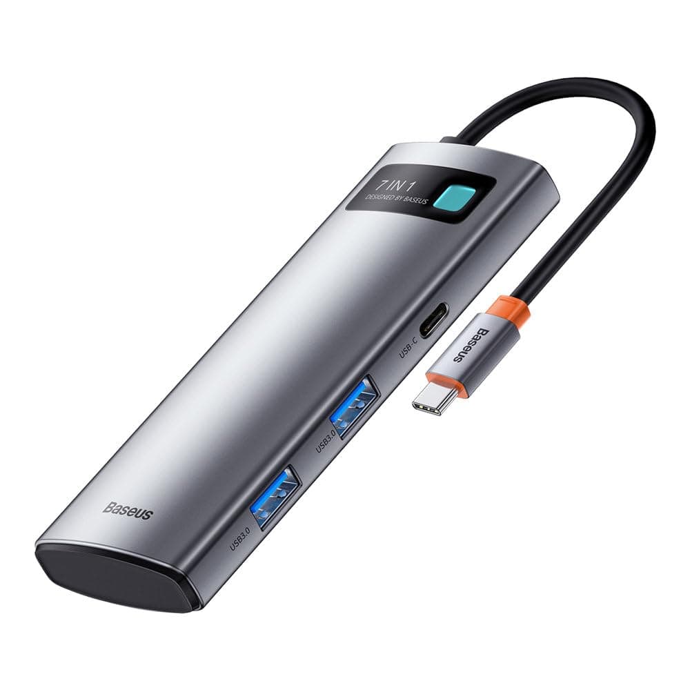Докинг станция Baseus USB-C Metal Gleam Series 7-in-1 Hub, от USB C към 2x USB C / 2x USB A / 1x HDMI / 1x четец на карти, сива