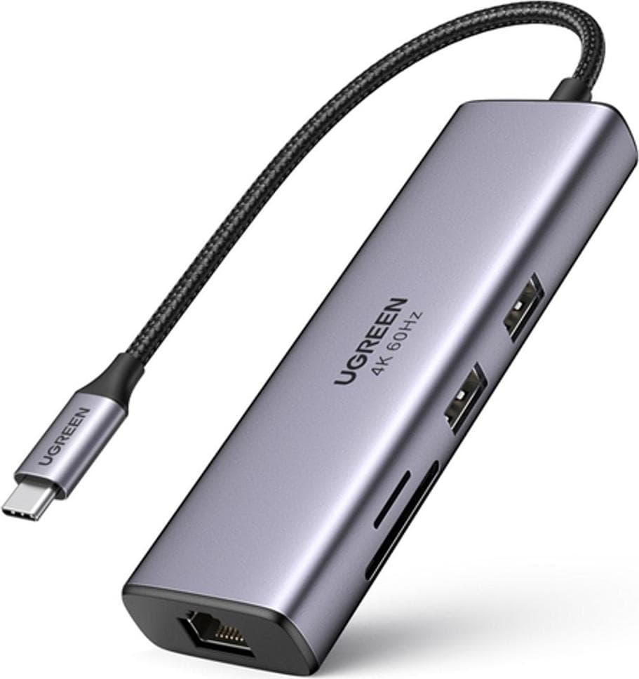 Докинг станция Ugreen 6-in-1 USB-C Hub 4K 60Hz (CM512), от USB C към 1x USB C, 2x USB A, 1x HDMI, 1x RJ45, 1x SD/MicroSD четец на карти, черна