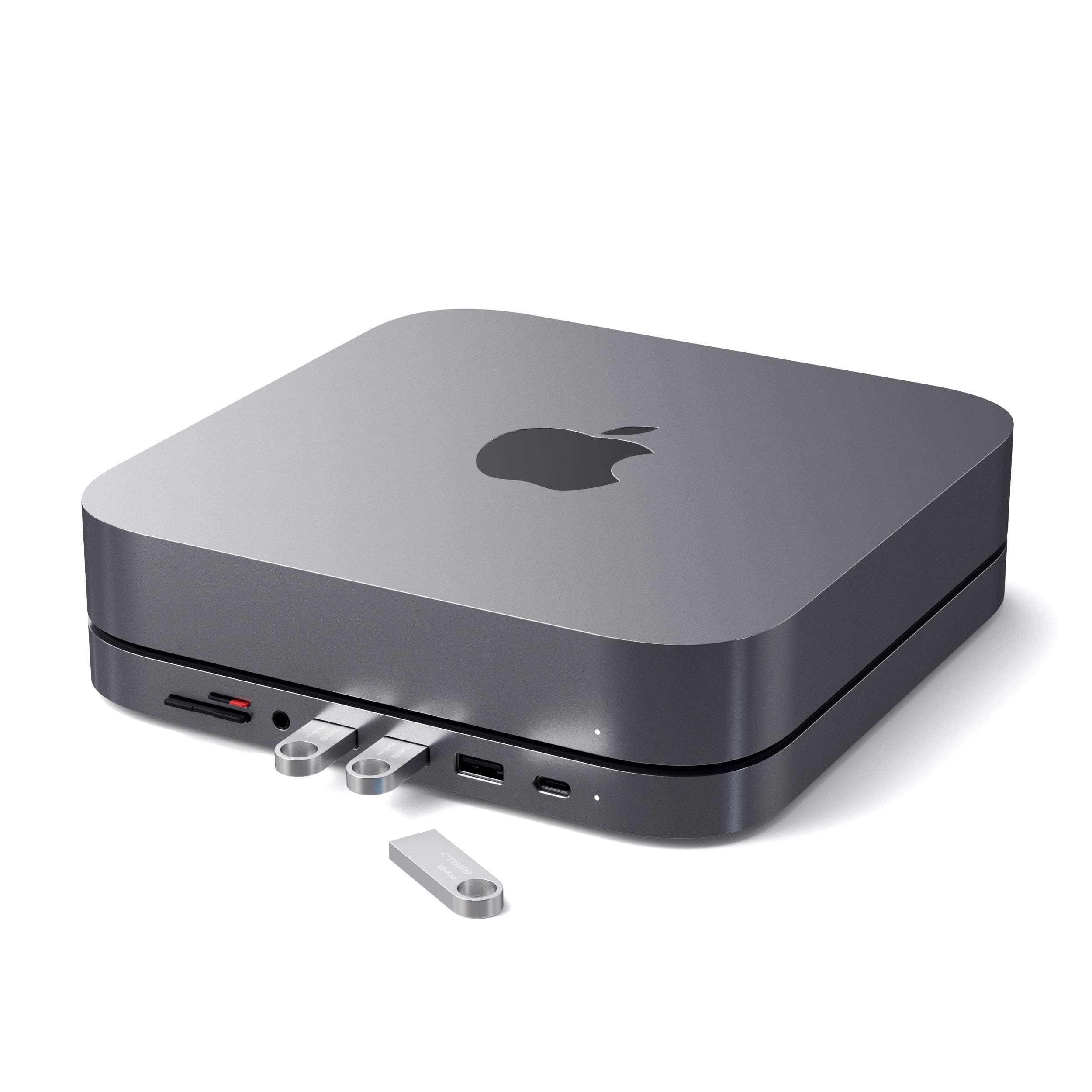 Докинг станция Satechi Aluminium USB-C Stand and Hub (ST-ABHFS), от USB-C към 1x USB C, 3x USB A, 1x SD/MicroSD четец, 1x AUX, черна, за Apple Mac Mini