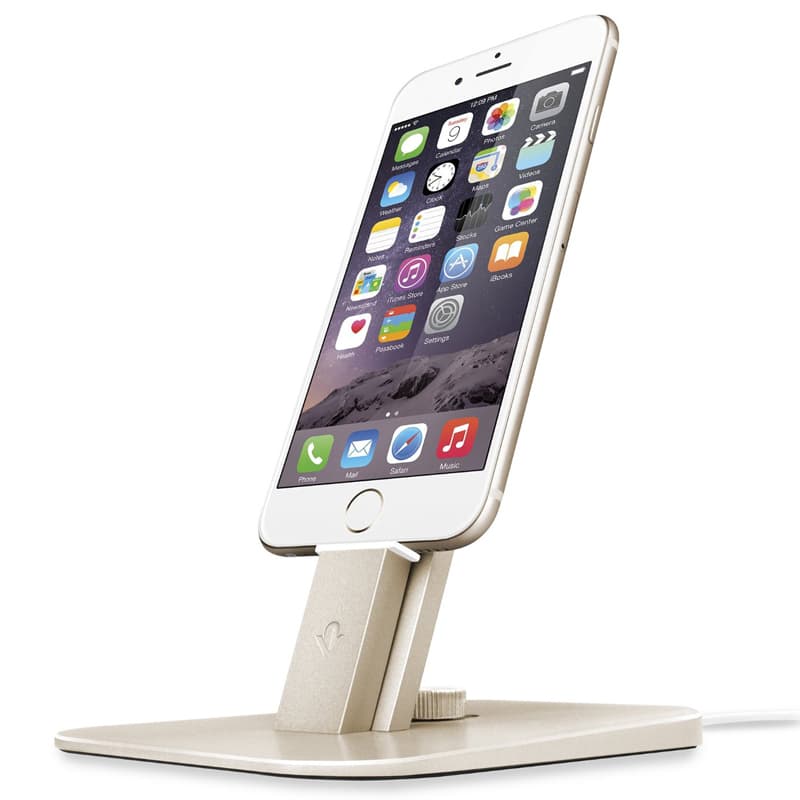 Алуминиева повдигаща поставка с Lightning и microUSB кабели за iPhone, iPad и устройства с microUSB - TwelveSouth HiRise Deluxe (златист)