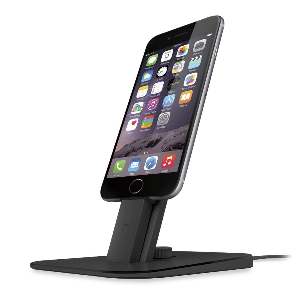 Алуминиева повдигаща поставка с Lightning и microUSB кабели за iPhone, iPad и устройства с microUSB - TwelveSouth HiRise Deluxe (черен)