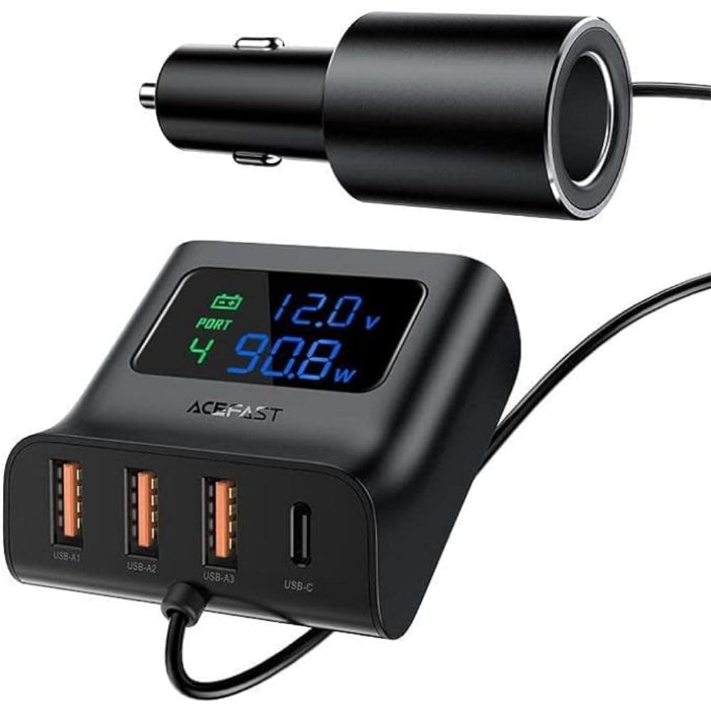 Зарядно за кола с 3xUSB-A и USB-C изходи с технология за бързо зареждане, извод за запалка и дисплей - Acefast B8 Car Charger 90W (черен)