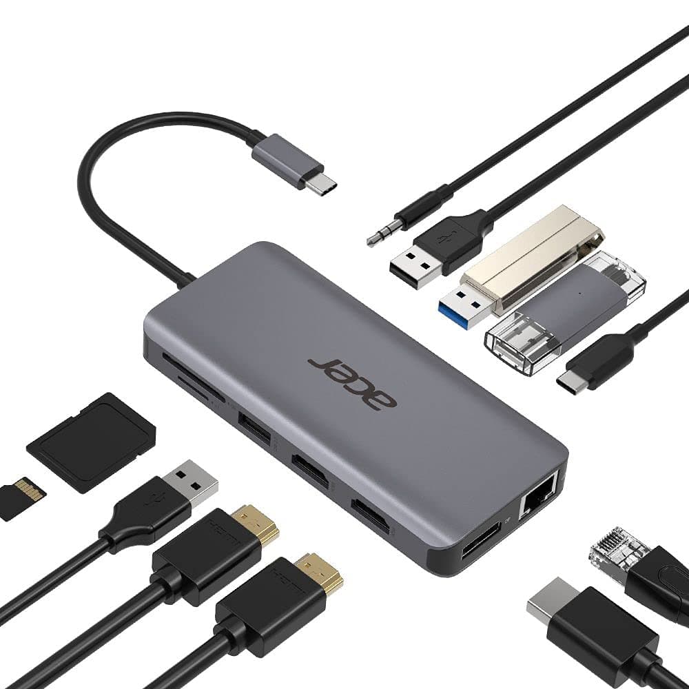 Докинг станция Acer 12 port mini Dock, от USB C към 1x USB 3.2 Type-C, 2x USB 2.0 Type-A, 2x USB 3.2 Type-A, 1x MicroSD/TF четец, 1x DP, 2x HDMI, 1x RJ45, 1x AUX