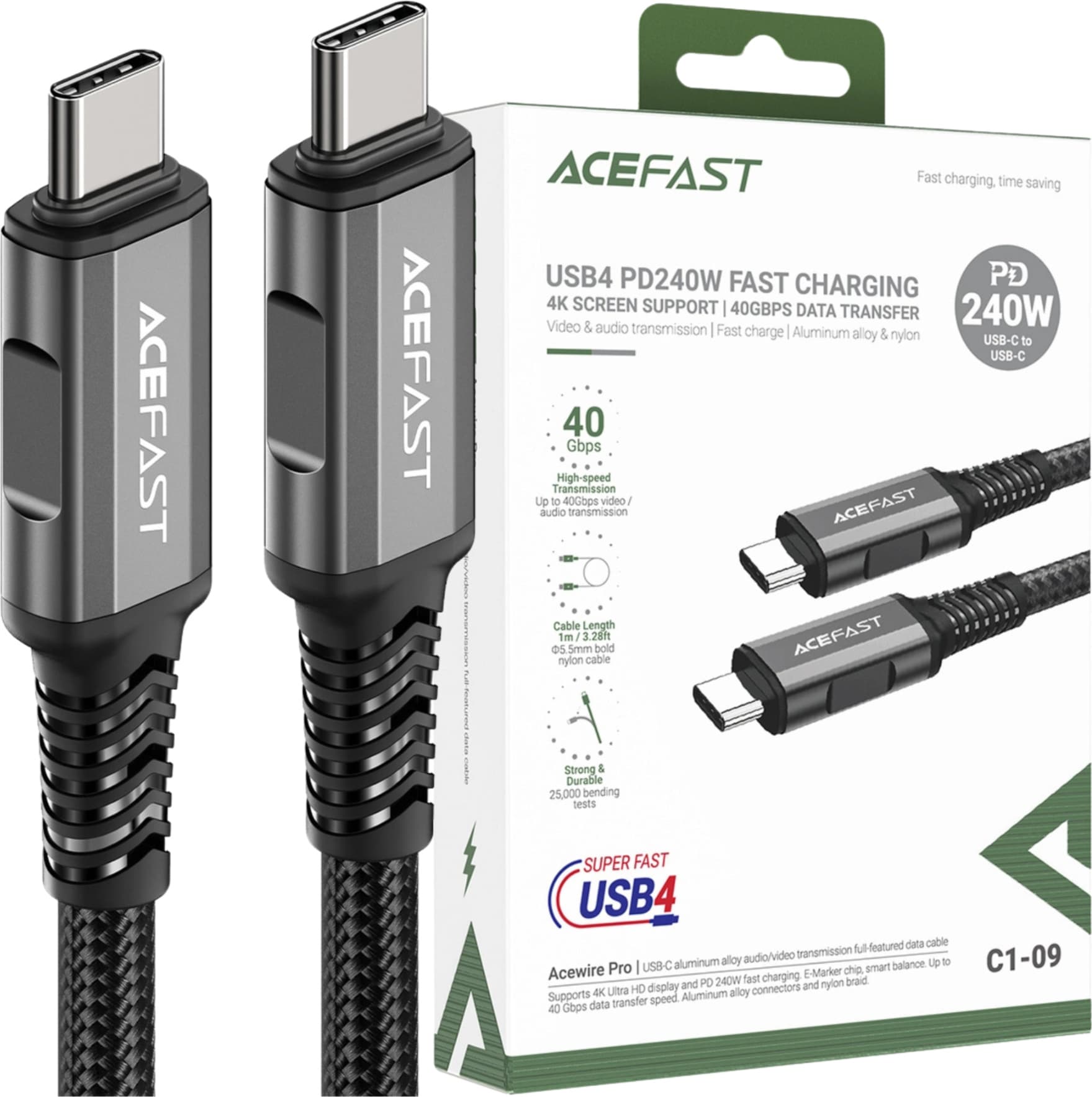 Здрав USB4 кабел с въжена оплетка за устройства с USB-C порт (100 см) - Acefast Acewire Pro USB4 USB-C to USB-C Fast Charging Cable 240W (черен)