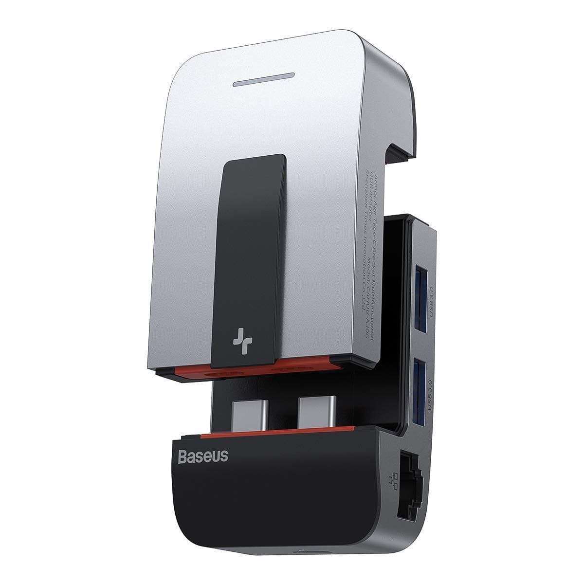 Докинг станция Baseus Armor Age Bracket Multifunctional Hub, от 2x USB C към 3x USB A, 1x USB C (PD), 1x USB C, 1x HDMI 4K, 1x RJ-45, 1x 3.5 мм жак, тъмносива