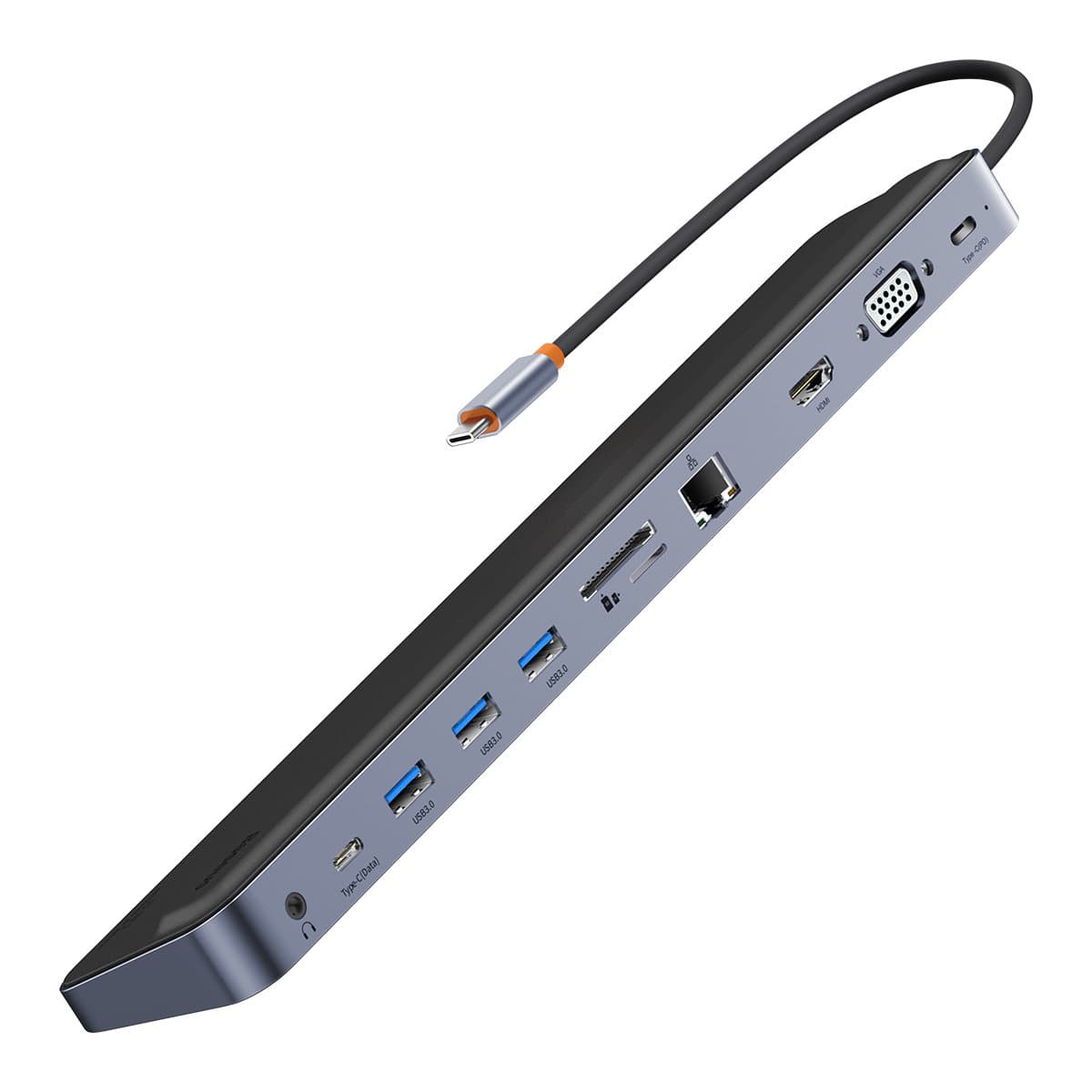 Докинг станция Baseus Elite Joy Series 11-in-1, от USB C към 3x USB A, 1x USB C, 1x USB C (PD), 1x SD/MicroSD, 1x HDMI, 1x VGA, 1x RJ-45, 1x 3.5 мм жак, сива