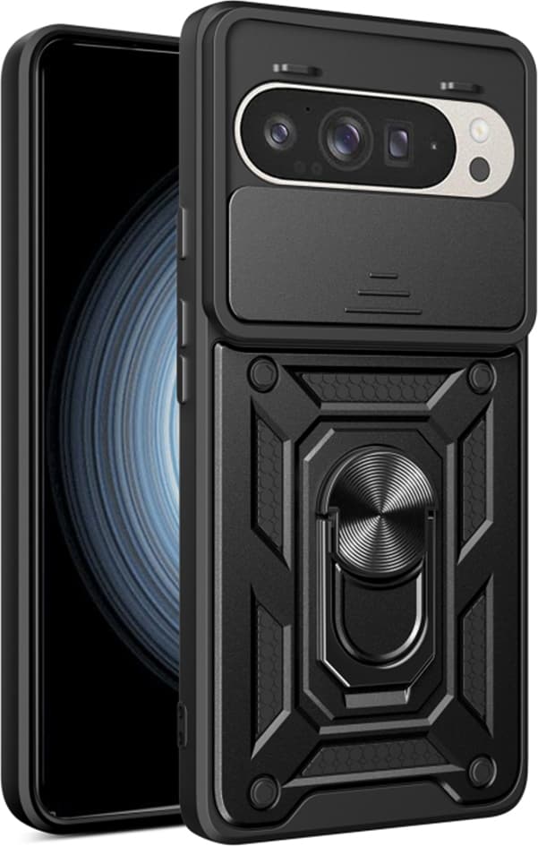 Хибриден удароустойчив кейс с пръстен против изпускане за Google Pixel 9, Google Pixel 9 Pro (черен) - Techsuit CamShield Case