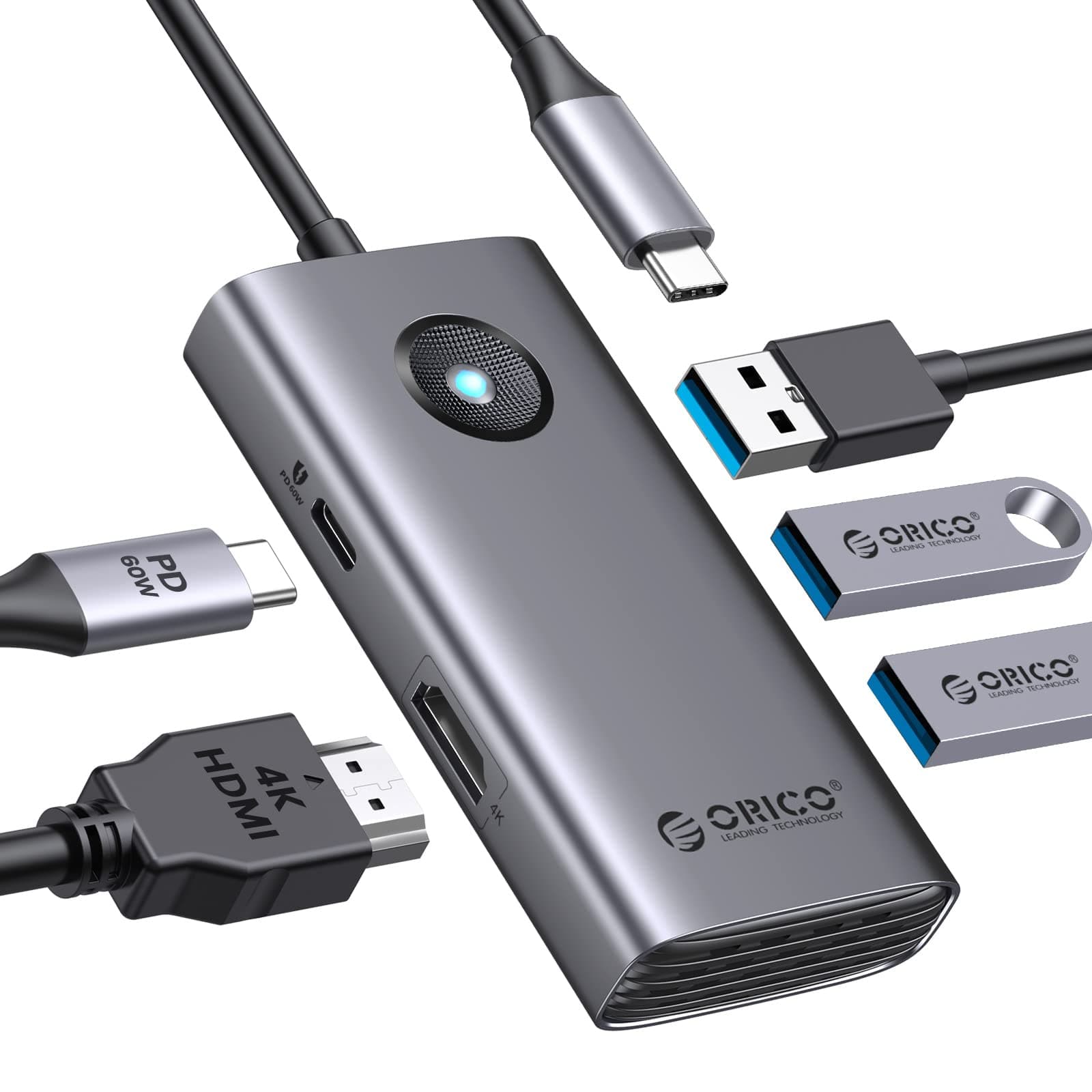 Докинг станция Orico PW11-5P-GY-EP, от USB-C към 1x HDMI, 3x USB А