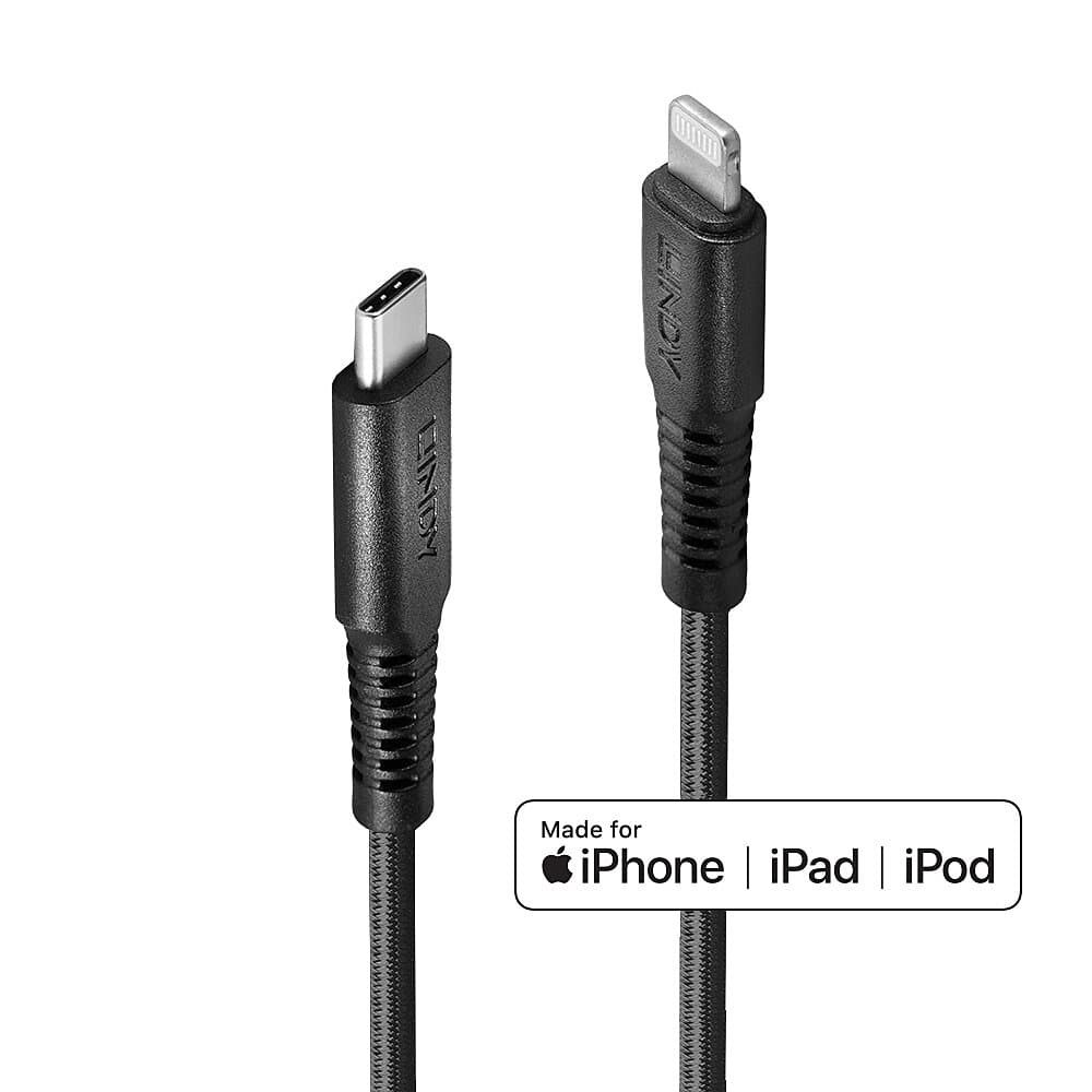 LINDY LNY-31287 :: Кабел USB Type C към Lightning (iPhone), подсилен, черен, 2.0 м