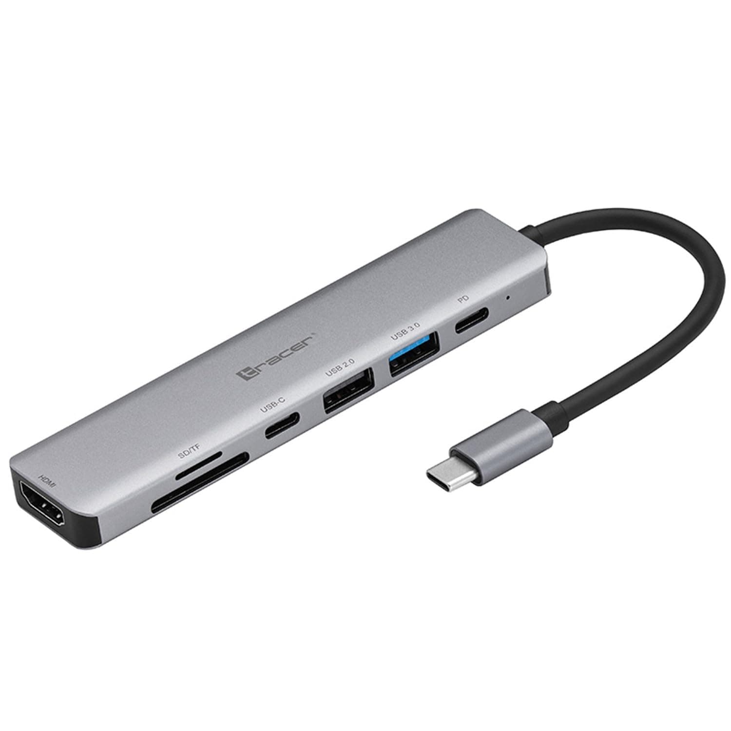 Докинг станция Tracer A-2, от USB-C към 1x USB-C(PD), 1x USB-C, 2x USB-A, 1x HDMI, 1x SD четец, 1x MicroSD четец, сива