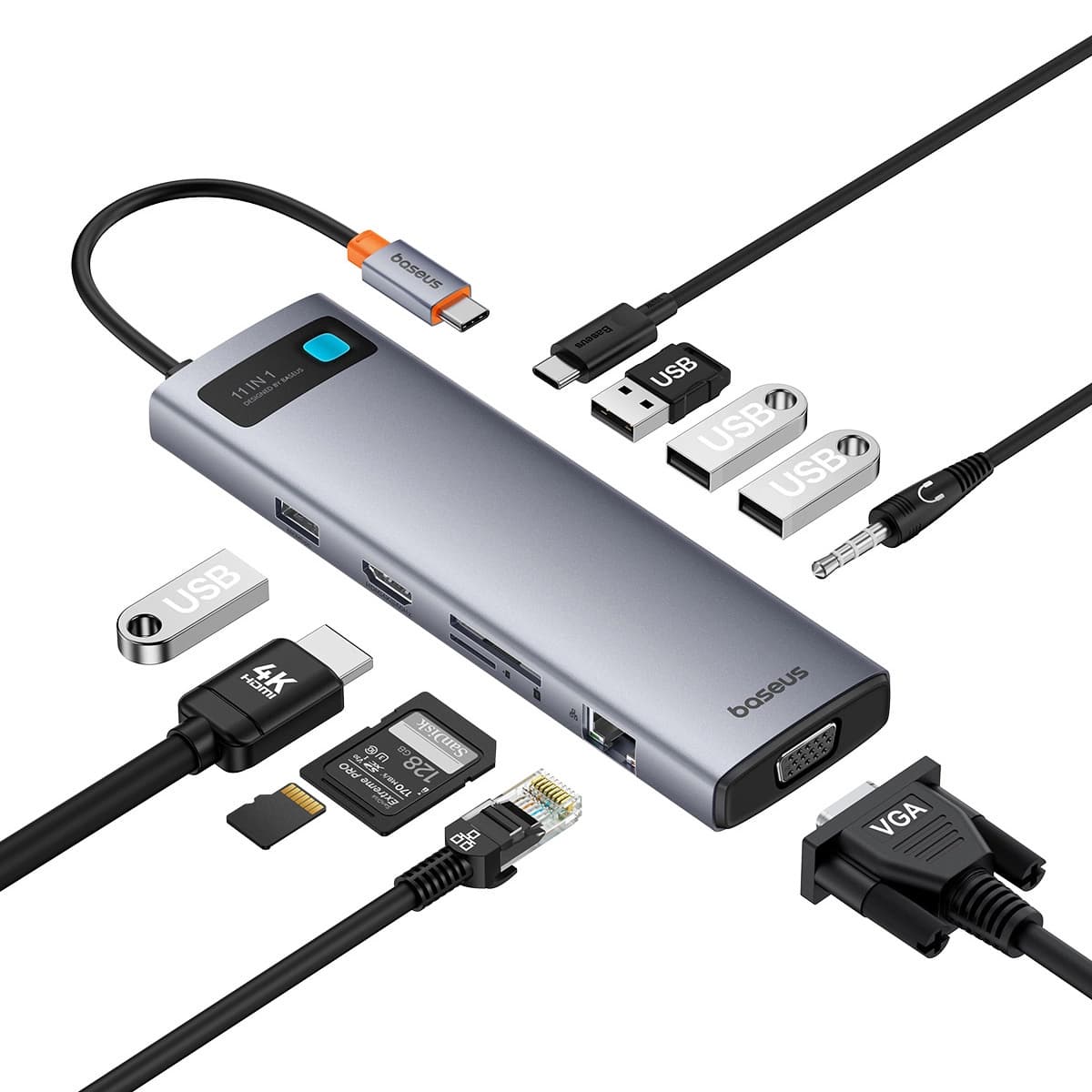 Докинг станция Baseus StarJoy Metal Glam Series 11 in 1, от USB C към 1x USB-C (PD), 1x USB-C, 4x USB-A, 1x HDMI, 1x VGA, 1x AUX, 1x RJ45, 1x SD/MicroSD четец, сива