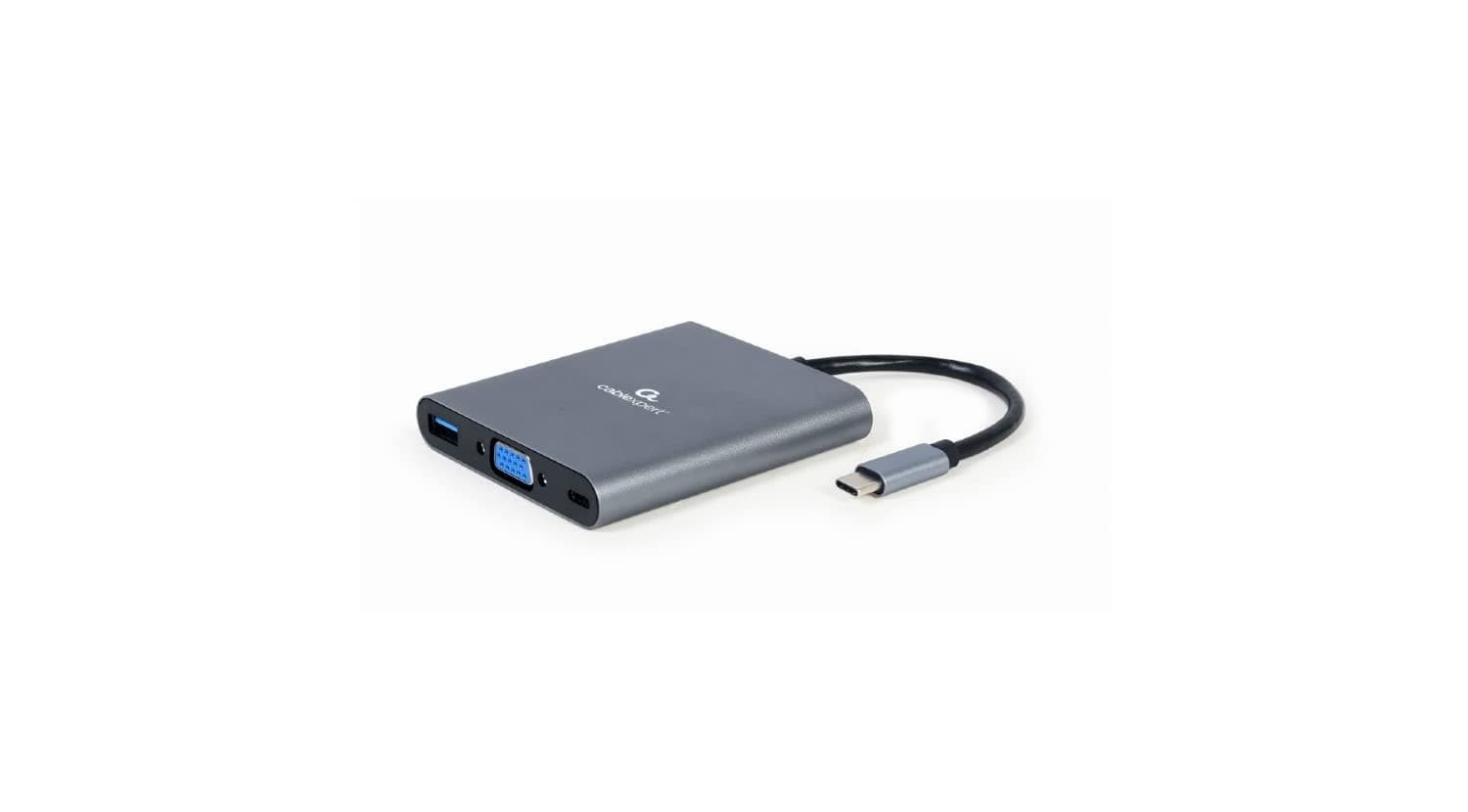 Докинг станция Gembird A-CM-COMBO6-01, от USB-C към 1x USB-C, 1x USB-A, 1x HDMI, 1x VGA, 1x AUX, 1x SD/MicroSD четец, сива