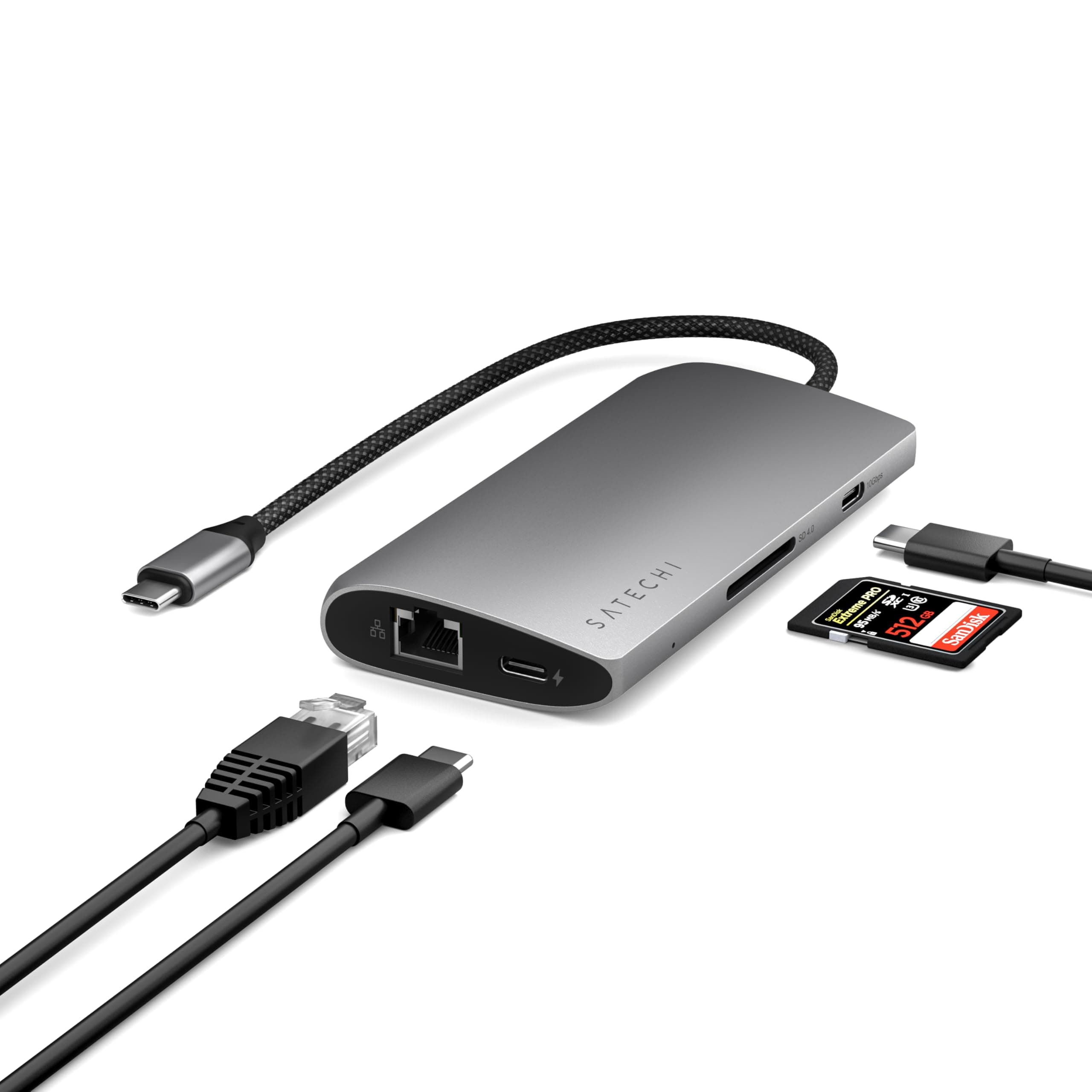 Докинг станция Satechi Multiport Adapter V3 (ST-P8KEM), от USB-C към 1x USB-C(PD), 4x USB-C, 1x HDMI (8K@30Hz), 1x RJ45, 1x SD четец, сива