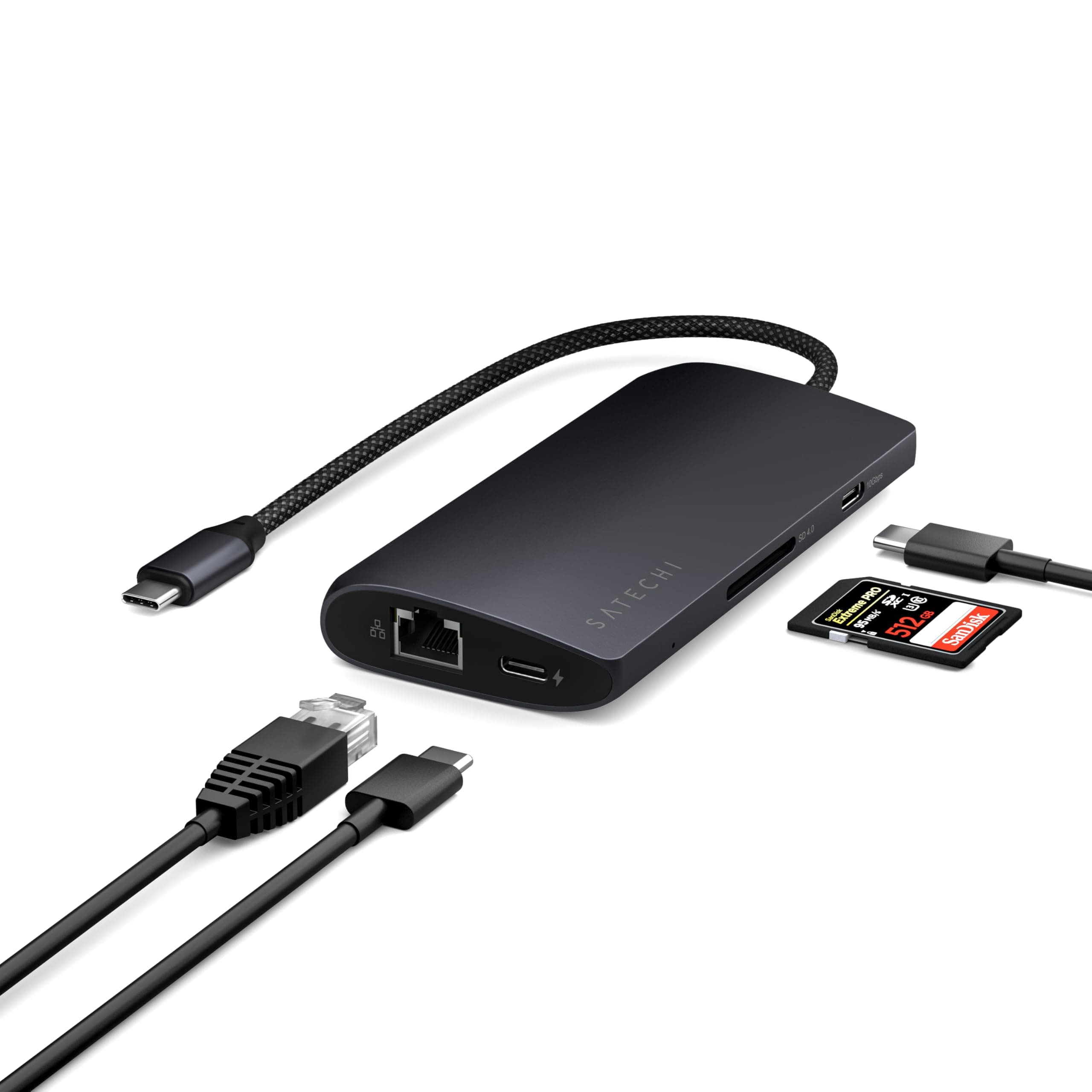 Докинг станция Satechi Multiport Adapter V3 (ST-P8KED), от USB-C към 1x USB-C(PD), 4x USB-C, 1x HDMI (8K@30Hz), 1x RJ45, 1x SD четец, черна