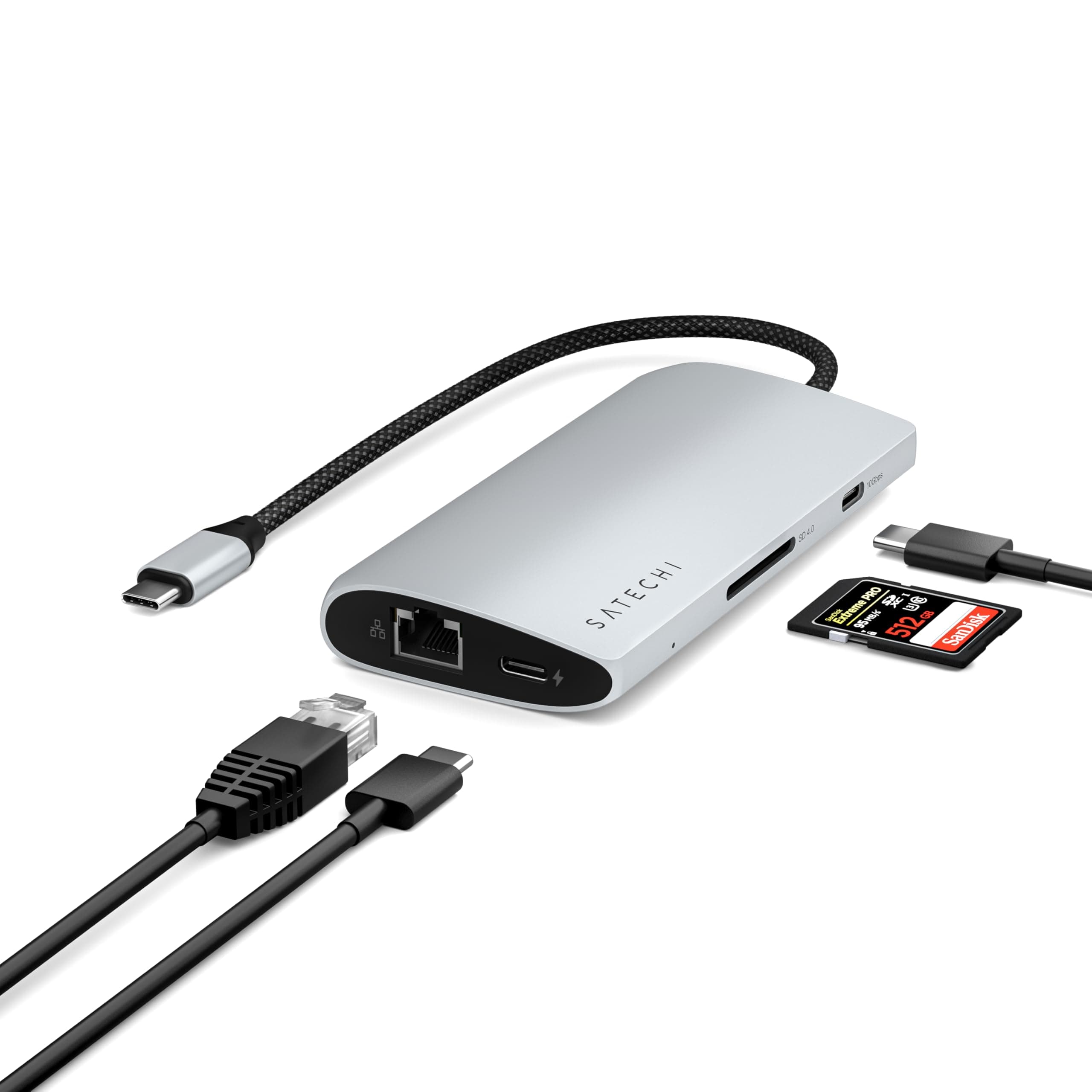Докинг станция Satechi Multiport Adapter V3 (ST-P8KES), от USB-C към 1x USB-C(PD), 4x USB-C, 1x HDMI (8K@30Hz), 1x RJ45, 1x SD четец, сребриста