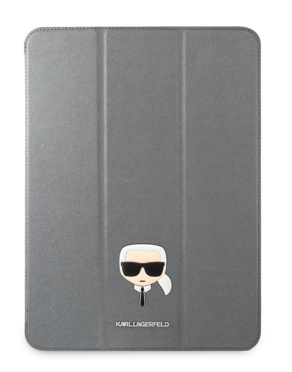 Дизайнерски кожен кейс с поставка за iPad Pro 12.9 M1 (2021) - Karl Lagerfeld Saffiano Choupette Head Folio Case (сребрист)