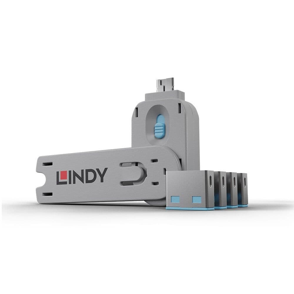LINDY LNY-40452 :: Система за заключване на USB портове, 1 ключ, 4 порт блокера, син
