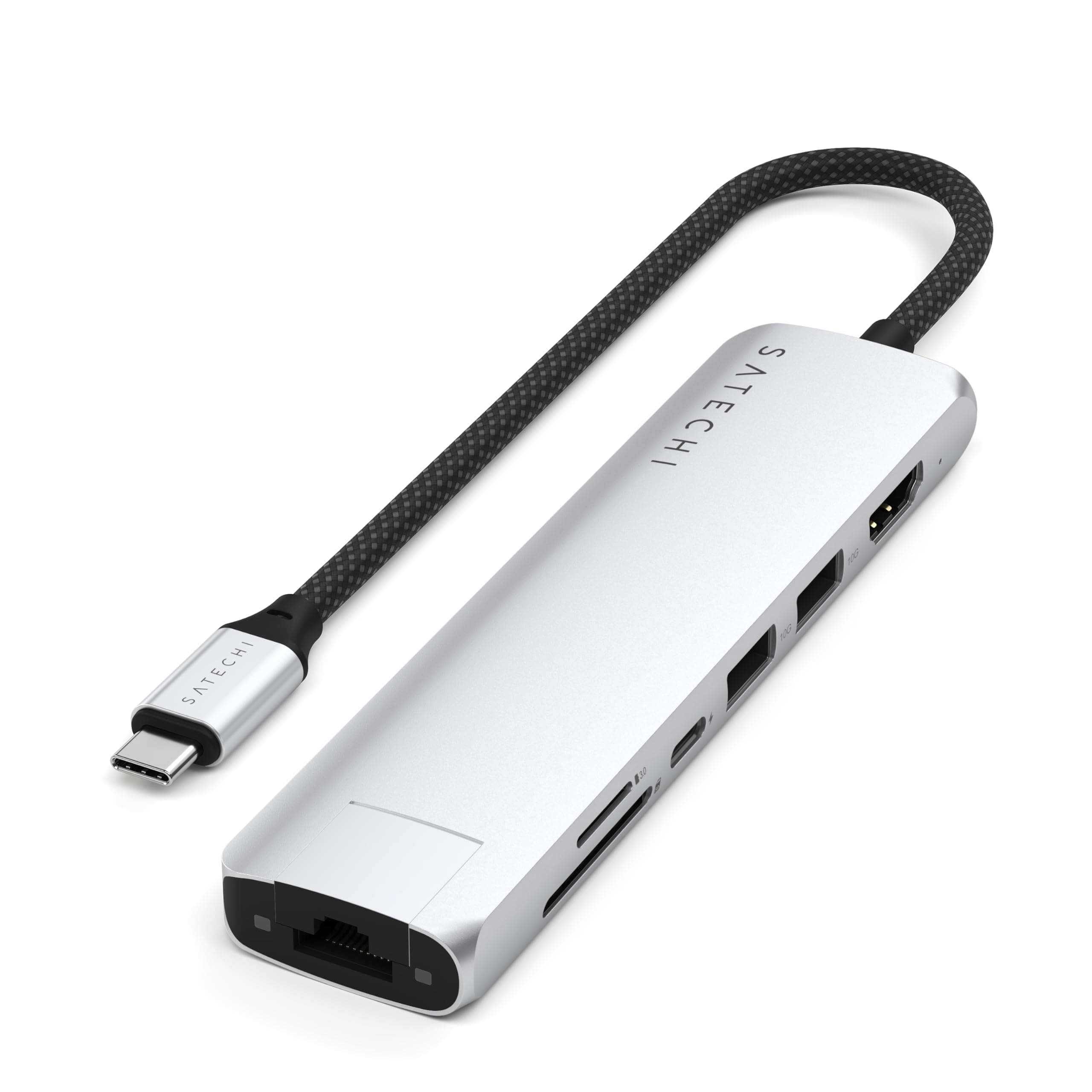 Докинг станция Satechi ST-P7SS, от USB-C към 1x USB-C(PD), 2x USB-A, 1x HDMI, 1x RJ45, 1x SD четец, 1x MicroSD четец, сребриста