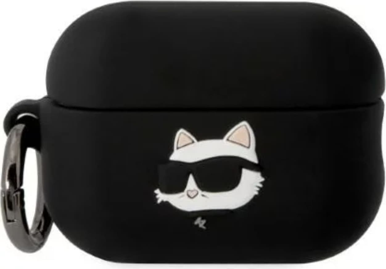 Силиконов калъф с карабинер за Apple AirPods Pro 2 - Karl Lagerfeld AirPods Pro 2 3D Logo NFT Choupette Head Silicone Case (черен)