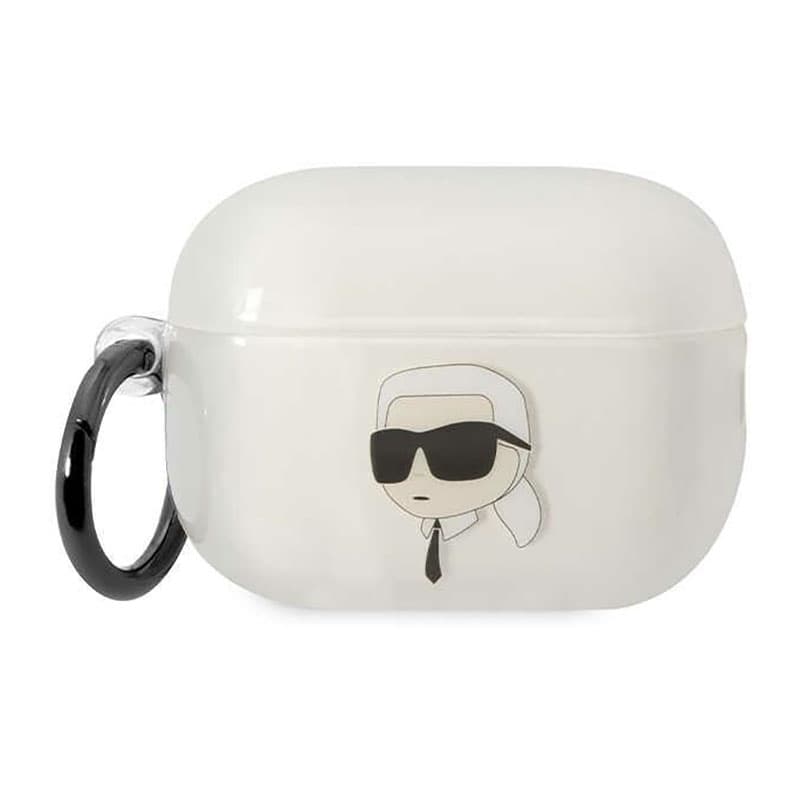 Силиконов калъф с карабинер за Apple AirPods Pro 2 - Karl Lagerfeld AirPods Pro 2 3D Logo NFT Karl Head Silicone Case (бял-прозрачен)