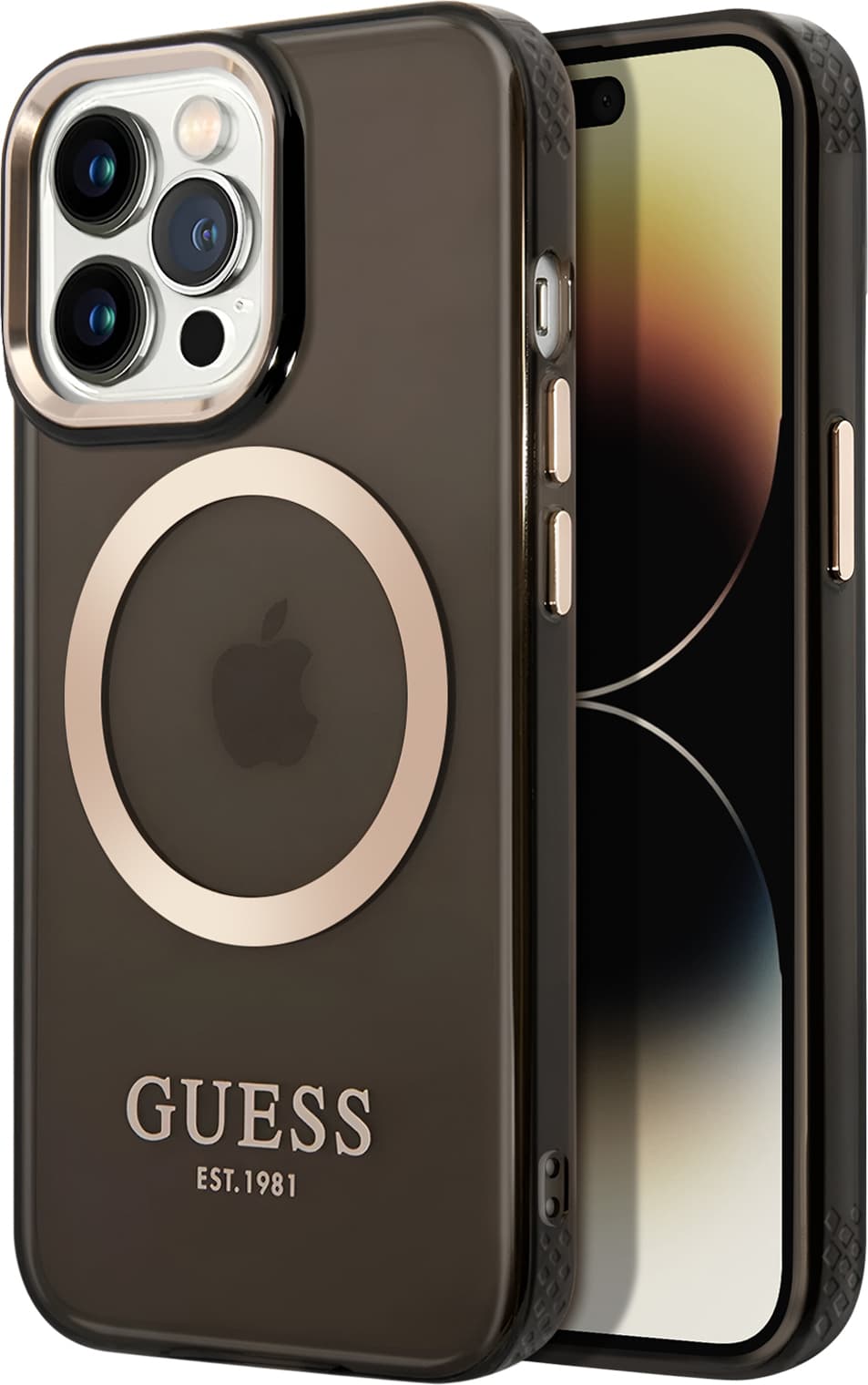 Хибриден удароустойчив кейс с MagSafe за iPhone 14 Pro - Guess Translucent MagSafe Case (черен-прозрачен)