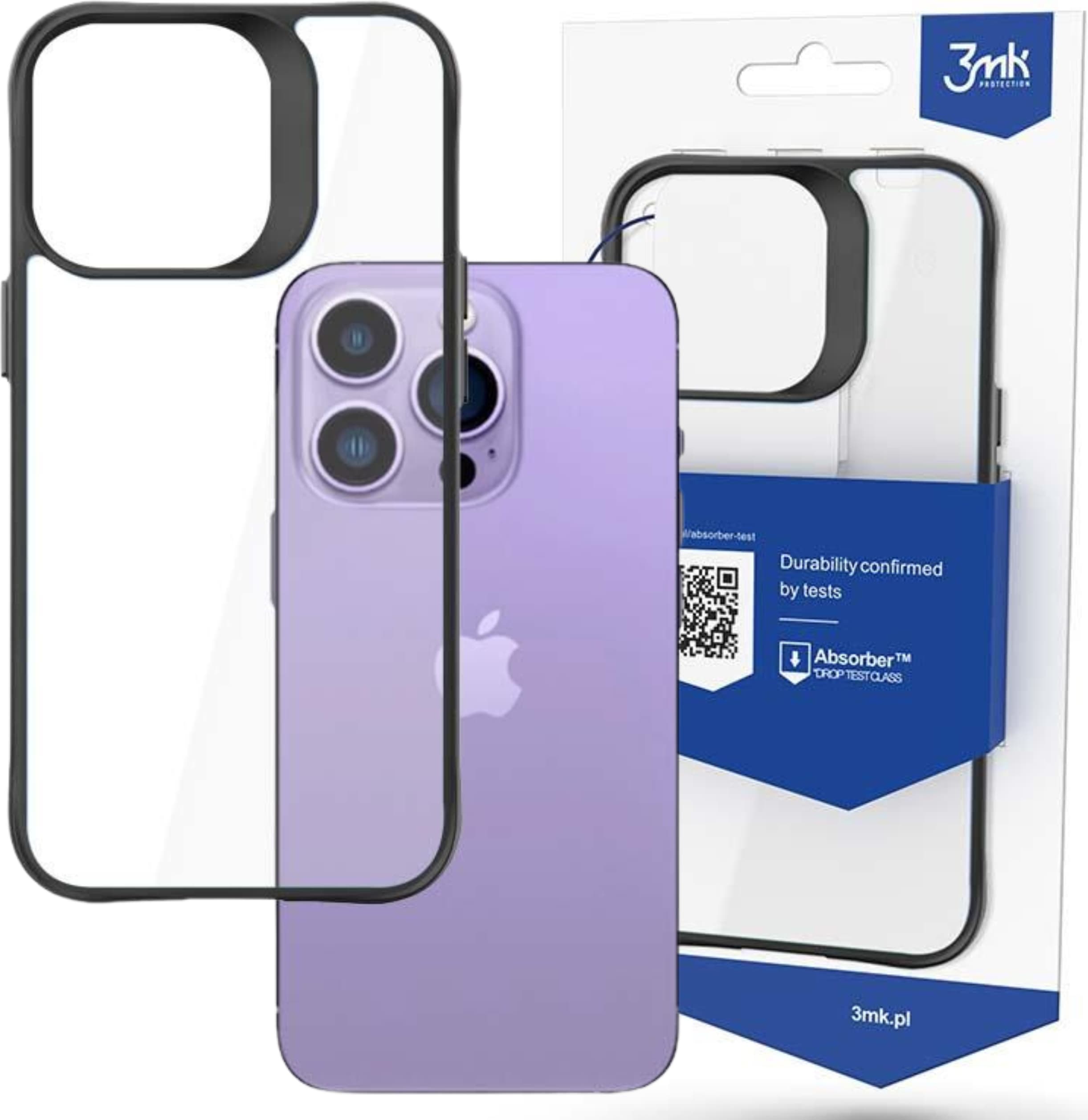 Хибриден удароустойчив кейс за iPhone 14 Pro Max - 3MK Satin Armor Plus Case (черен-прозрачен)