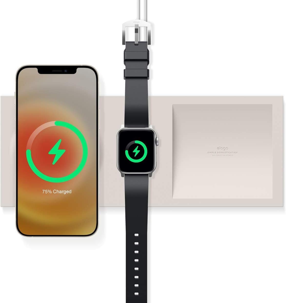 Силиконова поставка за зареждане на iPhone и Apple Watch чрез поставяне на Apple MagSafe Charger и Apple Watch кабел - Elago Charging Tray Duo for MagSafe & Apple Watch Charger (бял)