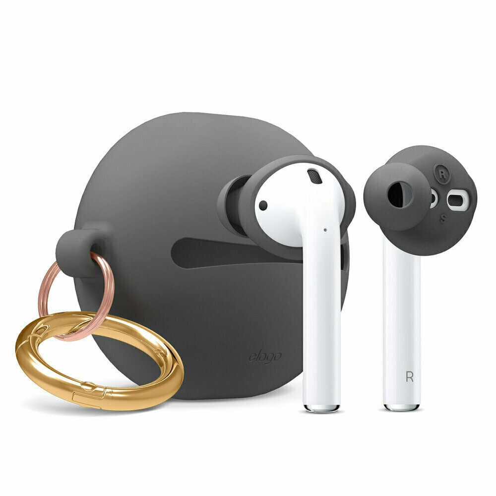 Силиконов калъф с карабинер и силиконови накрайници за Apple Airpods и Apple Airpods 2 - Elago Airpods Basic Cover with Carrying Pouch Case (сив)