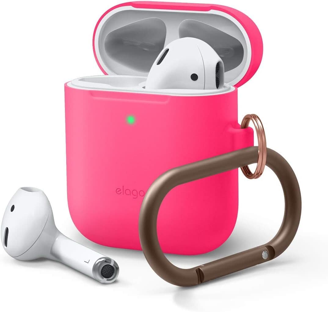 Тънък силиконов калъф с карабинер за Apple Airpods и Apple Airpods 2 with Wireless Charging Case (розов-фосфор) - Elago Airpods Skinny Silicone Hang Case