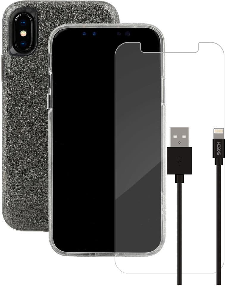 Комплект удароустойчив кейс, стъклено защитно покритие и Lightning USB кабел за iPhone XS, iPhone X - Skech Protection 360 Plus Pack (брокат)